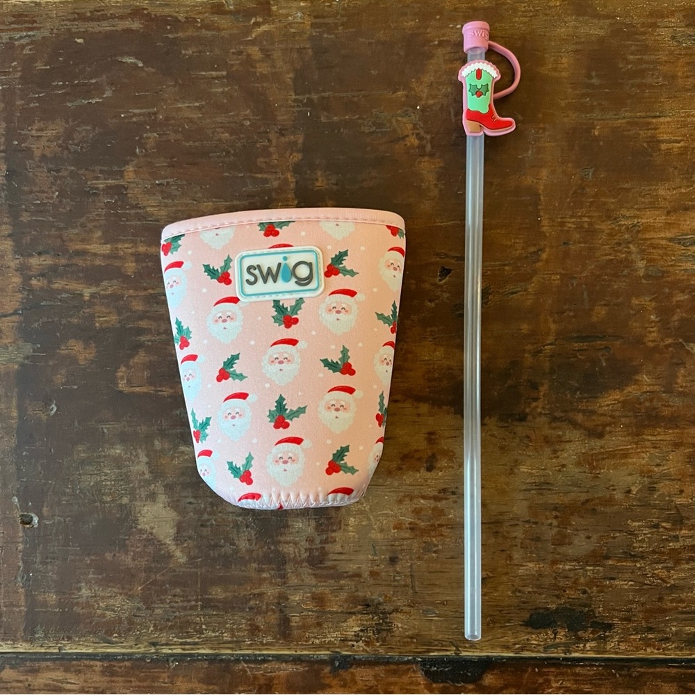 Swig Life Iced Cup Holly Jolly Coolie & Howdy Holidays Straw Topper, EUC
